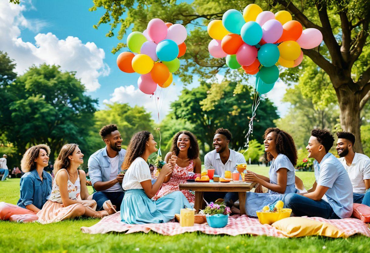 A vibrant community gathering scene with diverse people laughing and sharing joy in a lush green park, surrounded by blooming flowers and colorful decorations. Incorporate playful elements like balloons and picnic setups, capturing the essence of connection and happiness. The background should depict a sunny sky with soft clouds. super-realistic. vibrant colors. white background.