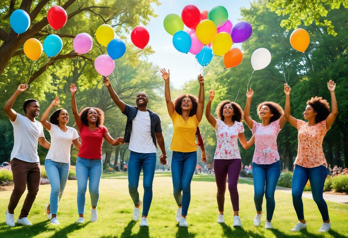 A bright and uplifting scene of a diverse group of joyful people engaging in community activities, with Tamika at the center radiating positivity. Sunlight filters through trees, illuminating smiling faces and colorful banners that represent happiness and teamwork. Include elements that symbolize cheerful living, like flowers, balloons, and children playing. vivid colors. super-realistic. outdoor setting.