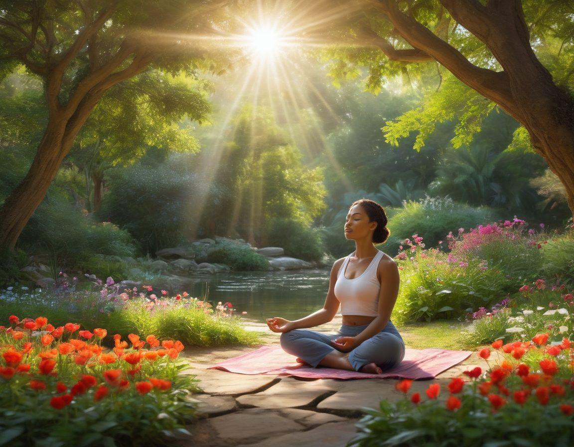 A serene landscape depicting a tranquil garden with vibrant flowers and soft sunlight streaming through the trees. In the center, a joyful woman named Tamika is meditating, surrounded by floating symbols of happiness like hearts and sunbursts. Elements of harmony are represented through soft, flowing lines that connect nature and the figure. The overall ambiance evokes a sense of peace and ecstatic well-being. super-realistic. vibrant colors. peaceful background.